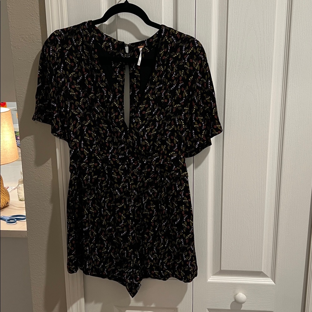 Free People Black Floral V-Neck Romper with Multicolor Print